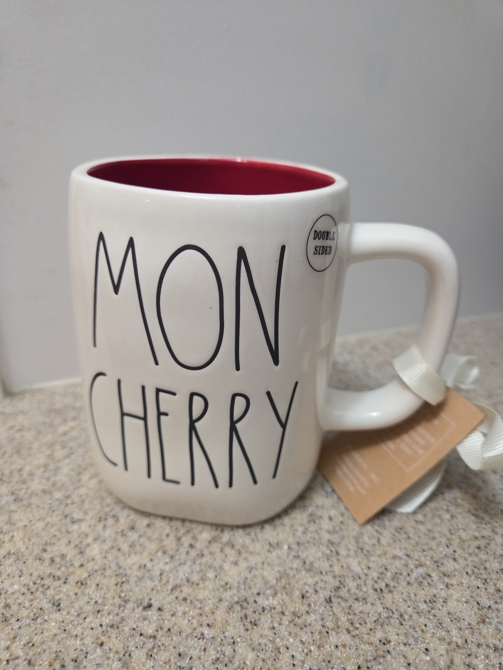 Rae Dunn White and Red 'Mon Cherry' Ceramic Mug - Double Sided